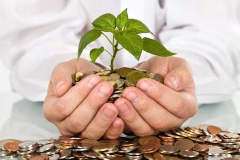man holding coins with a small plant