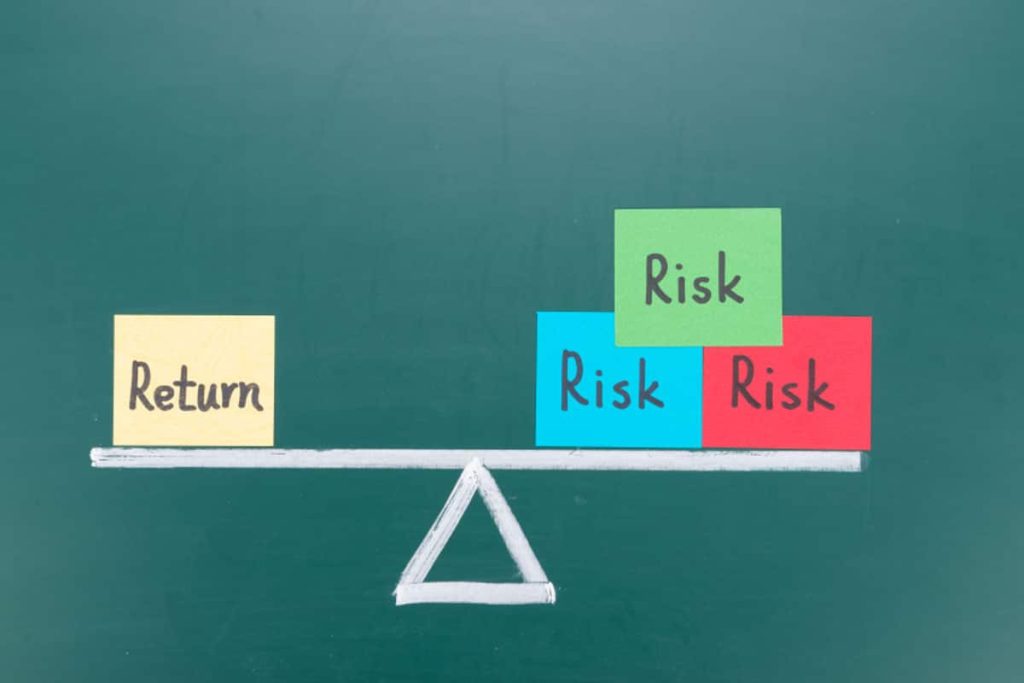 Return and risk balance concept, words and drawing on blackboard